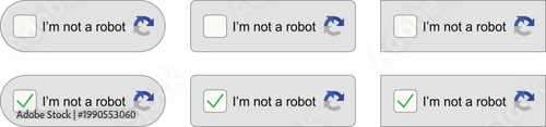Captcha verification icon set with check mark and i'm not a robot text. User interface security elements for website login and bot protection. Cybersecurity validation button design collection.