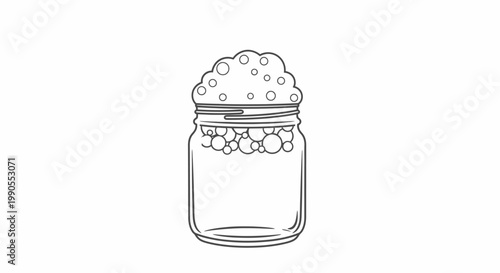Outline Illustration of Glass Jar with Abundant Foam and Bubbles, Cleaning or Bath Product on Isolated White Background