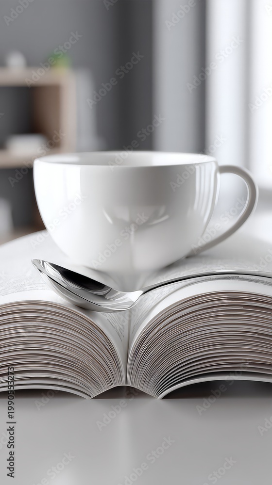 Fototapeta premium A serene cup of coffee resting on an open book, inviting relaxation.