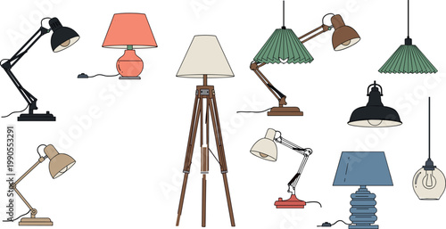 Modern Decorative Lamp Vector Collection Featuring Floor, Desk, and Pendant Lighting Designs in Various Styles, Colors, and Home Interiors