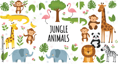 Cute Jungle Animals Vector Set Featuring Lion Giraffe Elephant Zebra Monkey Panda Flamingo and Crocodile with Tropical Leaves for Kids Nursery Decor and Educational Design Projec