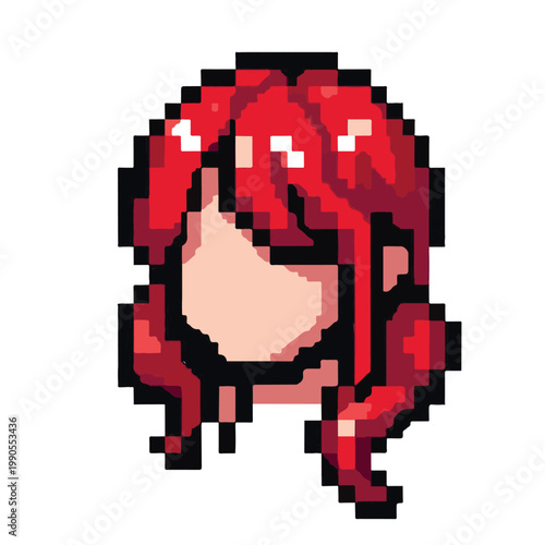 Pixel Art Red Haired Character Head Icon with Flowing Locks for Gaming and Animation Projects