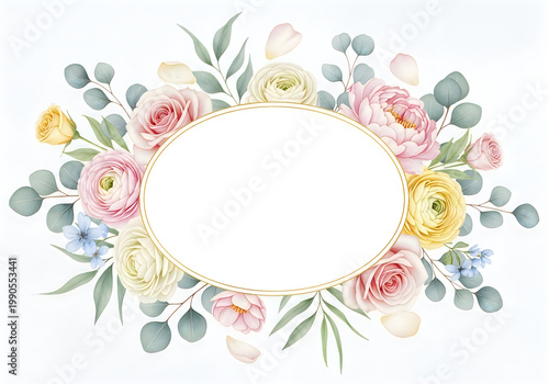 Elegant floral frame with pastel roses and ranunculus isolated on white background