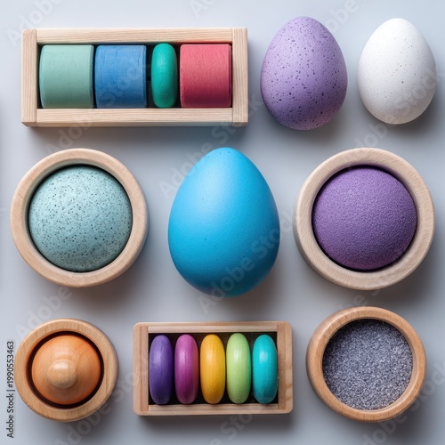 Colorful wooden toys and eggs arranged on a light surface.