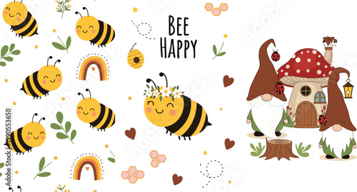 Cute Garden Gnome and Honey Bee Vector Set Featuring Mushroom House Happy Bees Rainbows and Gnomes for Kids Fantasy Nursery Decor and Children’s Graphic Design Projects