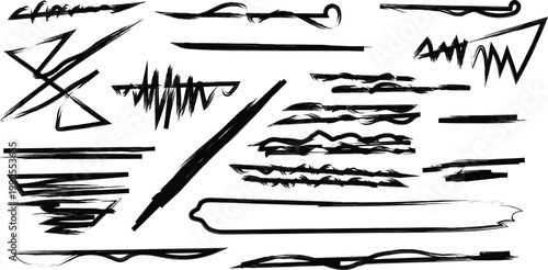 Collection of black brush stroke and borders on white background, underline