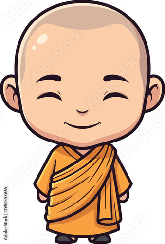A cheerful monk wearing an orange robe smiles warmly.