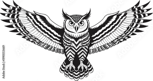 Detailed Black and White Great Horned Owl Vector Illustration with Open Wings