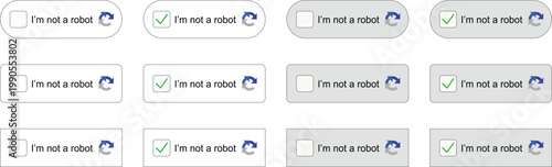 Captcha verification icon set with check mark and i'm not a robot text. User interface security elements for website login and bot protection. Cybersecurity validation button design collection.