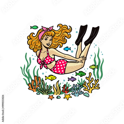 retro illustration of pinup girl  swimming diving ocean