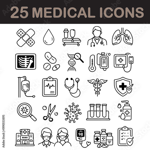 Medical icons set of 25 black line vector symbols, healthcare and hospital equipment graphics, clinical medicine and surgery outline icons isolated PNG with Transparent Background