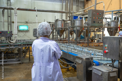 Obraz na plátne Rear view food factory worker working and looking at sea food canning on conveyo