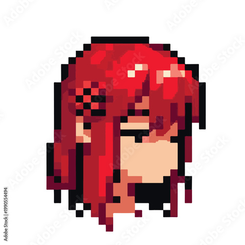 Pixel Art Red Haired Anime Girl Portrait with Flower Accent