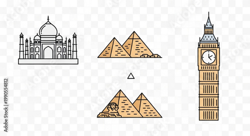 Famous Landmarks Collection Taj Mahal Pyramids Big Ben Icons.