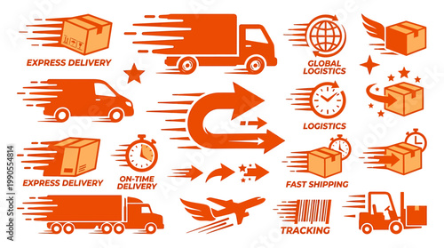 Speedy Delivery: A collection of vibrant icons showcasing various aspects of express shipping and global logistics, emphasizing speed and efficiency in the delivery process.