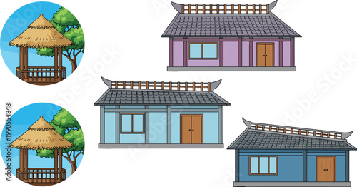 Traditional Village Architecture Vector Illustration Featuring Thatched Huts and Asian Style Houses with Curved Roofs, Trees, and Decorative Elements