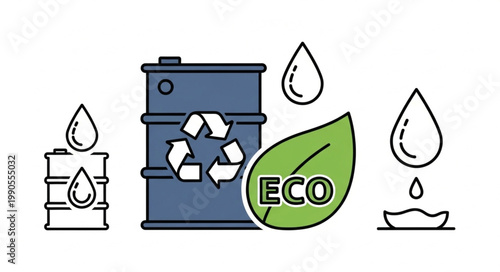 Recycling oil barrel with eco leaf and water drops.