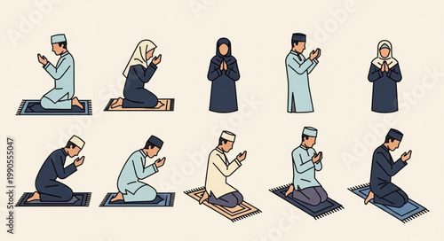 Muslims praying on prayer mats in various poses.
