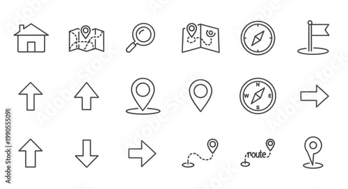 Collection of navigation and location icons hand drawn style.