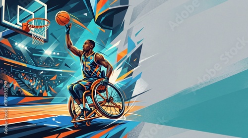Wheelchair basketball player scoring, dynamic action with colorful background, copy space