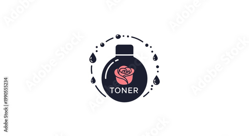Dark circular bottle with a rose illustration and "TONER" text, encircled by water drops, representing a concentrated hydrating toner, isolated white background.