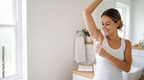 Young woman applying deodorant, smiling, in a bright bathroom with modern decor