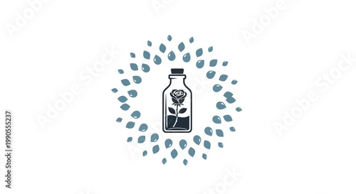 Black bottle containing a rose, encircled by organic leaf-like elements, representing natural and encapsulated botanical essence, isolated white background.