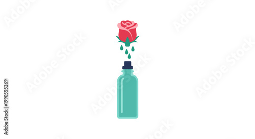 Teal bottle with a fresh red rose and water drops falling, symbolizing natural rose water infusion, isolated white background.