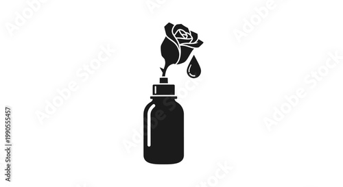 Black Cosmetic Bottle with Black Rose and a Drop of Liquid, Isolated White Background.