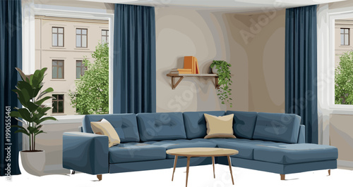 Contemporary Living Room Interior Vector Illustration Featuring L-Shaped Blue Sofa, Coffee Table, Curtains, Shelves, Plants, and Bright Window View