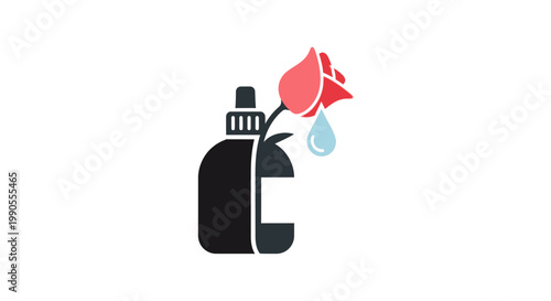 Black Pump Bottle with Red Rose and Blue Water Drop, Isolated White Background.