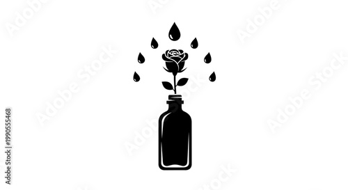 Black Bottle with Black Rose and Falling Water Drops, Isolated White Background.