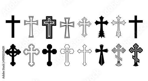 Christian cross icons set, religious crucifix symbols collection, 16 black and white vector elements for church branding and spiritual design
