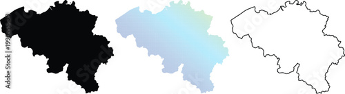 Set of Belgium map icons featuring a solid black silhouette, a blue gradient pixel dot pattern, and a clean black outline, isolated on a white background for geographic design projects.