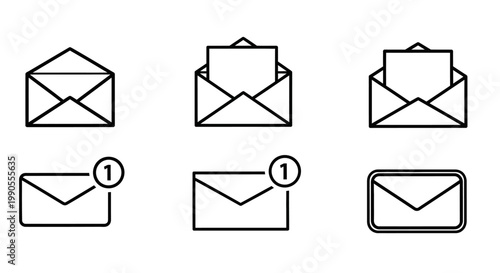 Minimalist envelope icon set, black line mail symbols for email notifications, 6 vector letter elements for digital communication and web interface