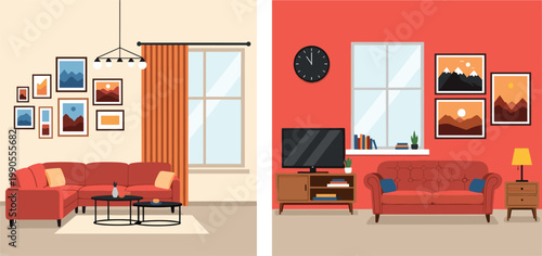 Living Room Interior Vector Illustration Featuring Beige and Red Walls with Sofas, Curtains, Lamps, Coffee Table, TV, Framed Pictures, and Decorative Elements