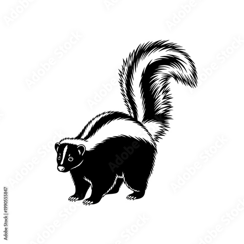Skunk standing with raised tail.
