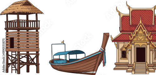 Traditional Architecture Vector Illustration Featuring Wooden Watchtower, Canopy Boat, and Ornate Temple Building with Cultural Elements, Decorative Roofs, and Staircase Details