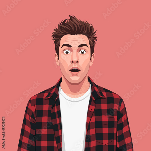 Surprised Young Man in Plaid Shirt.