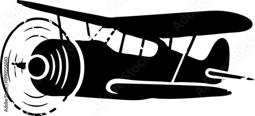 Retro biplane silhouette with spinning propeller on white background