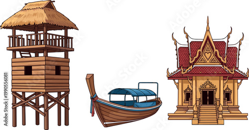 Cultural Architecture Vector Illustration Featuring Wooden Watchtower with Thatched Roof, Traditional Boat with Canopy, and Ornate Temple Building with Decorative Details