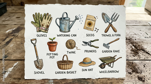 Garden Tools Illustration: An illustration showcasing a collection of essential gardening tools arranged in a visually appealing display, perfect for gardening enthusiasts.