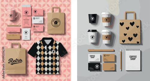 Coffee Shop Branding Vector Illustration Featuring Retro Style Merchandise with Geometric Patterns and Modern Minimalist Packaging Designs Including Cups, Bags, Boxes, Business Cards, and Apparel