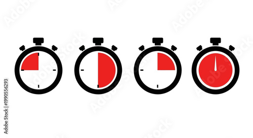 Minimalist stopwatch icon set with red progress indicators, flat vector timer collection showing different time intervals, black chronometer symbols