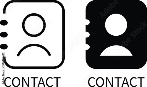 Contact icon set in outline and solid black style, address book symbol for website navigation, mobile app interface design element, directory, phone book, user info