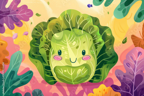Colorful And Lively Illustration Of Smiling Cabbage Surrounded By Vibrant Leaves And Whimsical Market Scene