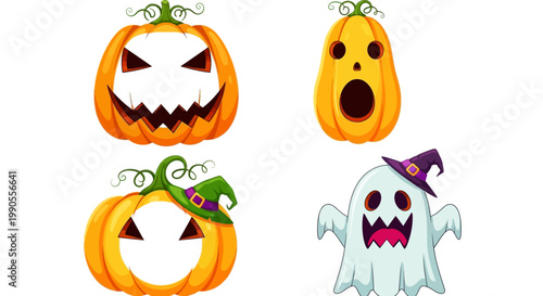 Halloween pumpkin and ghost character set, spooky jack o lantern vector collection, orange autumn squash with scary faces, cartoon ghost in witch hat