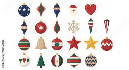 Vintage Christmas ornaments collection, 22 festive holiday baubles and hanging decorations, traditional red and green winter tree toys, flat vector set