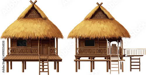 Traditional Wooden Stilt Hut Vector Illustration Featuring Thatched Roofs, Bamboo Walls, Ladders, and Balcony Platform with Cultural Architectural Details