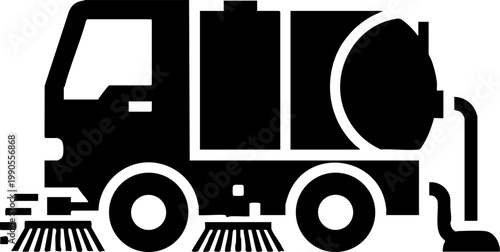 Black Silhouette Icon of Street Sweeper and Vacuum Truck